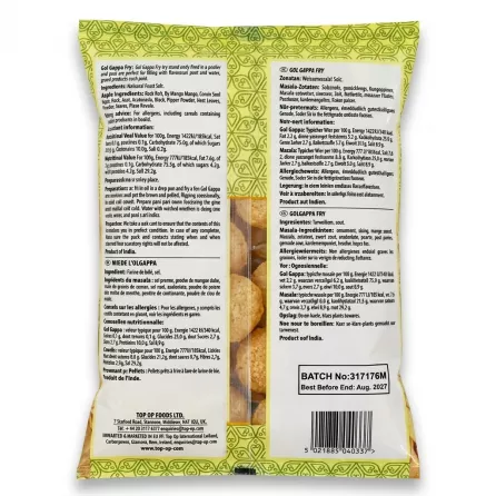 Enhanced Back view of Top Op Gol Gappa Fry with Masala pack showing ingredients and instructions