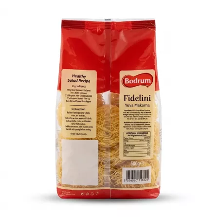 Enhanced Back of Bodrum Fidelini Yuva Makarna pack displaying recipe and ingredients