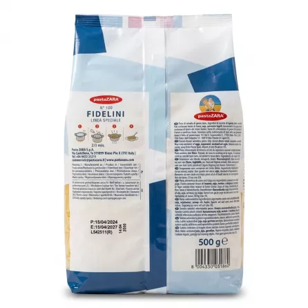 Enhanced Back of pastaZARA Fidelini Linea Speciale 500g pack showing preparation instructions