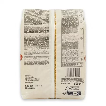 Studio photograph of the back packaging of Italpasta Capelli d'Angelo (Angel Hair) pasta, isolated on a white background with soft, even shadowing. The packaging displays detailed nutrition facts, ingredients, storage instructions in multiple languages, the barcode, a 500g net weight, and importer details for Nuovo Foods Ltd.