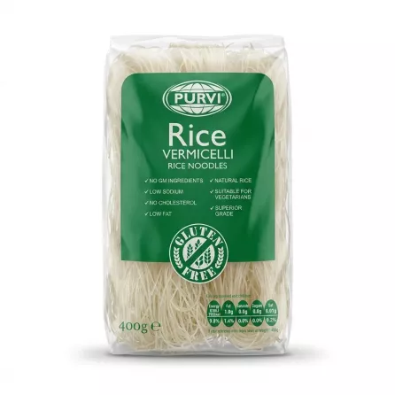 Enhanced Front of Purvi Rice Vermicelli Noodles 400g pack on supermarket shelf