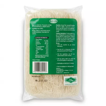Enhanced Back of Purvi Rice Vermicelli Noodles 400g pack showing nutrition and instructions