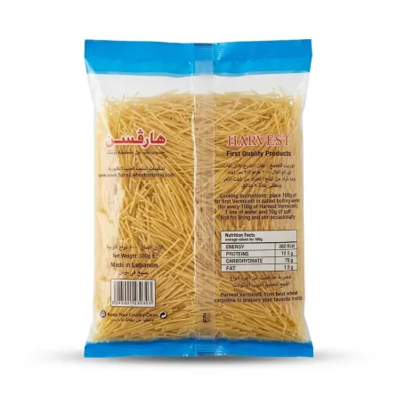 Enhanced Back of Harvest Vermicelli 500g pack with nutritional info and cooking instructions