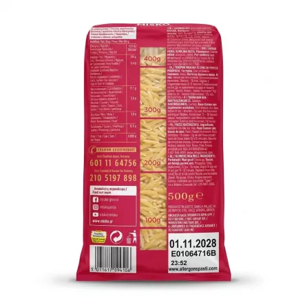 Enhanced Back of Misko Risoni Large 500g pasta showing nutritional info