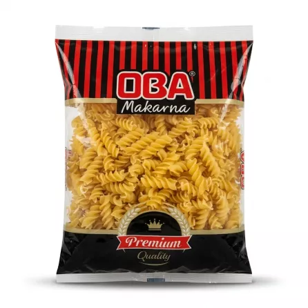 Enhanced Front view of OBA Big Fusilli Pasta Premium in clear and black packaging