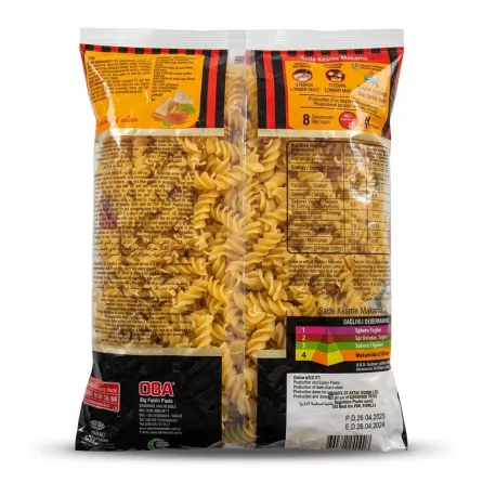 Enhanced Back view of OBA Big Fusilli Pasta Premium showing ingredients and nutrition