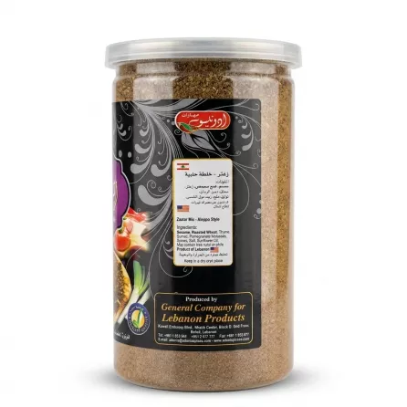 Enhanced Back of Adonis Zaatar Mix Aleppo Style 680g container, showing ingredients and company info
