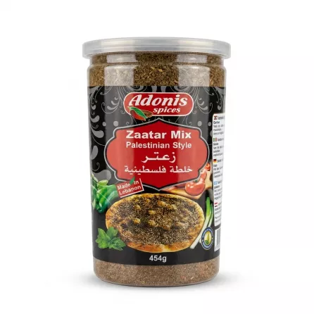 Enhanced Hand holding Adonis Zaatar Mix Palestinian Style 454g tub in grocery store aisle