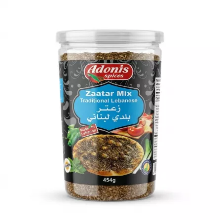 Enhanced Front label of Adonis Traditional Lebanese Zaatar Mix 454g tub