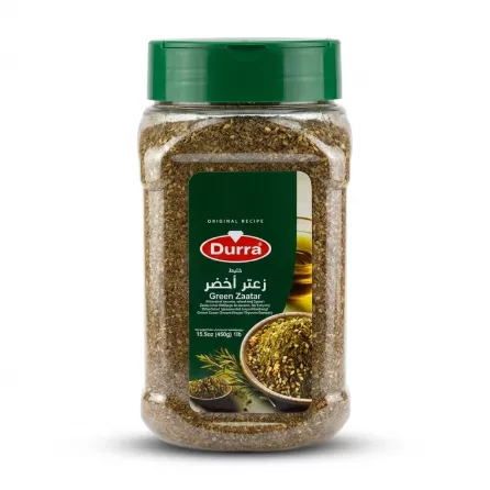 Enhanced Front label of Durra Green Zaatar 450g container