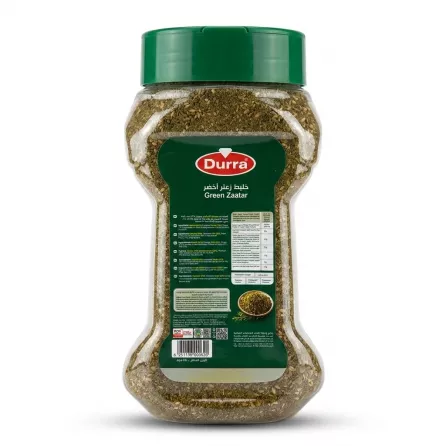Enhanced Rear label with ingredients and nutrition of Durra Green Zaatar 450g