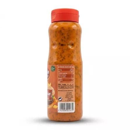 Enhanced Back of Al-Maeda American Sauce 500ml bottle displaying nutritional values and barcode