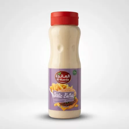 Enhanced Front of Al-Maeda Garlic Extra Sauce 500ml bottle with red cap