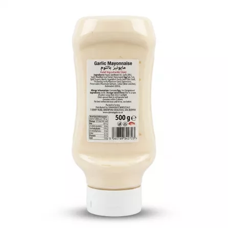 Enhanced Back label of Sofra Garlic Mayonnaise 500g bottle showing ingredients and nutrition