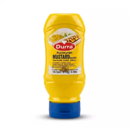 Enhanced Front view of Durra Mustard Sauce 410g in a yellow squeezy bottle