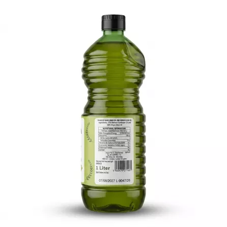 Enhanced Back view of El Ouazzania Gardens Olive Oil Blend 1L bottle showing ingredients