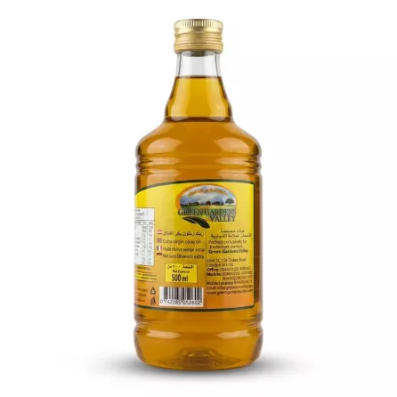 Enhanced Back view showing label and nutritional information of Green Gardens Valley olive oil bottle