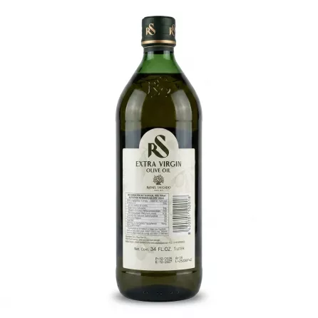 A 1-liter bottle of Rafael Salgado Extra Virgin Olive Oil is shown from the back, displaying its full nutrition facts label. The dark glass bottle is centered on a clean white background with a soft, even shadow.