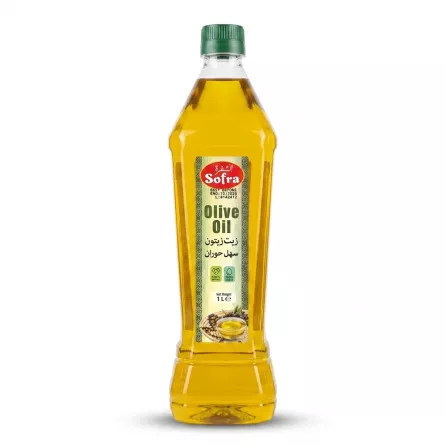 Enhanced Front view of Sofra Olive Oil 1 Litre bottle on a shelf