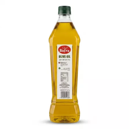 Enhanced Rear view label of Sofra Olive Oil 1 Litre bottle showing ingredients and nutritional information