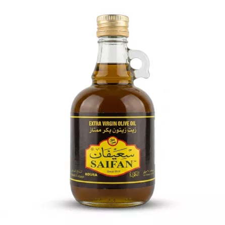 Enhanced Saifan Extra Virgin Olive Oil front label in glass bottle