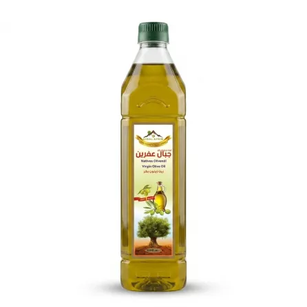 A 1-liter glass bottle of Gibal Afrin Virgin Olive Oil, as seen from the front with a clear label, showing olive trees and a decanter, centered on a white background with a soft shadow and sharp focus. PRODUCT TITLE: Gibal Afrin Virgin Olive Oil - Halal Certified 1L