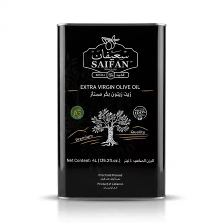 Enhanced Front label of Saifan Extra Virgin Olive Oil 4 litre tin showing premium quality and Lebanese origin