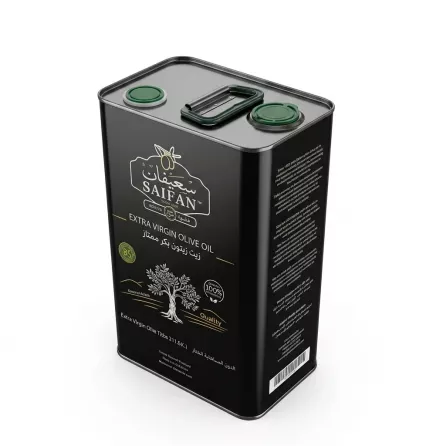 A 4L black tin of Saifan cold-pressed extra virgin olive oil, featuring two green caps and a metal handle, shown in a clean, professional studio shot against a white background.