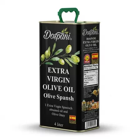 A 4L black tin of Dospani Extra Virgin Olive Oil with a green handle and Halal certification, isolated on a white background.