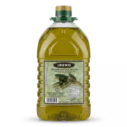 A 1:1 professional e-commerce studio photograph of the IBERO Mediterranean Olive Oil Blend 3L bottle, centered against a clean white background. The front label is clearly visible with detailed olive graphics, text, ingredients, nutritional information, and barcode. The product is in sharp focus with a light, soft shadow.