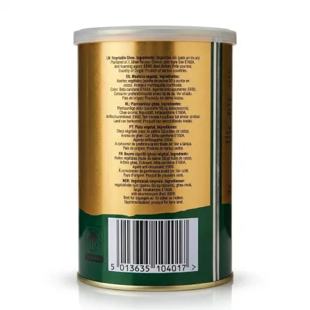 A professional 1:1 e-commerce product photograph of the back of a Taj Mahal Vegetable Ghee tin, featuring multi-lingual ingredient lists and a clear barcode.