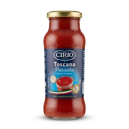 A 1:1 professional e-commerce product photograph of a centered glass jar of Cirio Toscana Passata Sieved Tomatoes against a clean, pure white background. The jar has a gold cap, and the blue label clearly displays the Cirio 1856 logo, 'Toscana Passata', 'Sieved Tomatoes', a bowl of sauce, and '100% POMODORO ITALIANO', with a soft, symmetrical shadow below.