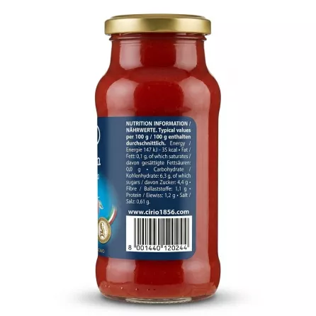 Enhanced Back of Cirio Toscana Passata Sieved Tomatoes with nutrition information and barcode