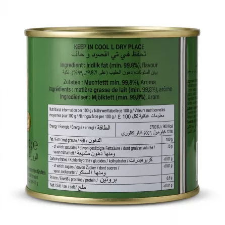 Enhanced Gold Medal Pure Butter Ghee nutritional information and ingredients on tin