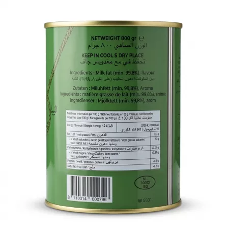 Enhanced Gold Medal Pure Butter Ghee 800g tin back with ingredients
