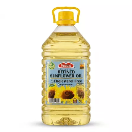 A 3-liter bottle of Garusana Refined Sunflower Oil is shown on a white background. The front label features sunflowers and text indicating it is Cholesterol Free, High in Vitamin E, and GMO Free, with a Halal certification.