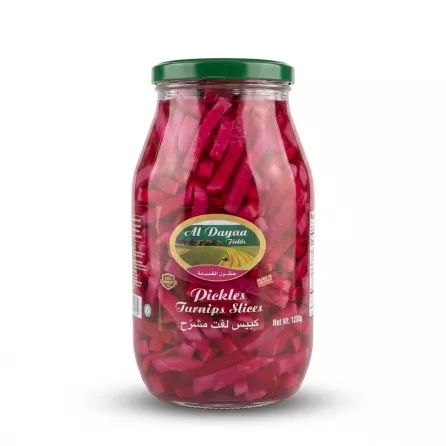 Enhanced Large glass jar of Al Dayaa Fields Pickled Turnip Slices, front label visible