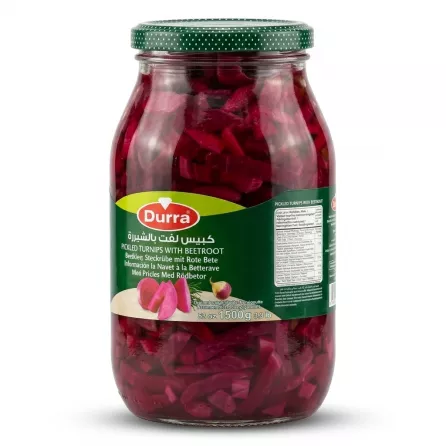 Enhanced Side view showing contents and label of Durra Pickled Turnips with Beetroot jar