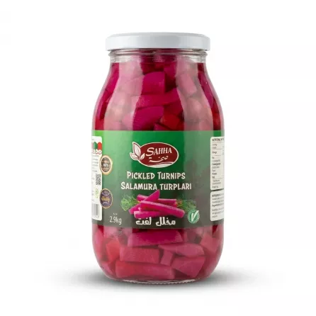 Enhanced Sahha Pickled Turnips 2.9kg jar with vibrant pink turnip slices and green label