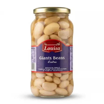 Enhanced Front of Louisa Giant Beans Extra jar in a grocery store