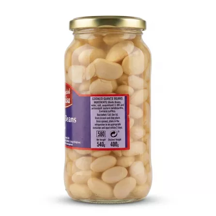 Enhanced Louisa Giant Beans Extra jar back label with ingredients and net weight