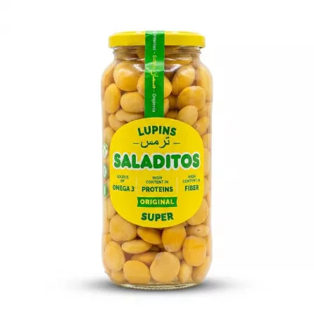 Enhanced Front label of Saladitos Lupins Original Super jar with nutritional claims