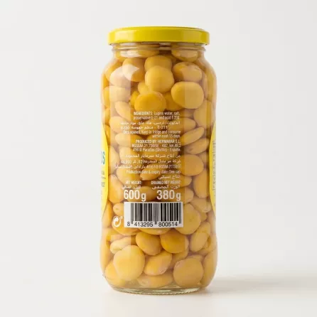 Enhanced Rear view of Saladitos Lupins jar showing ingredients, producer, barcode, and weight