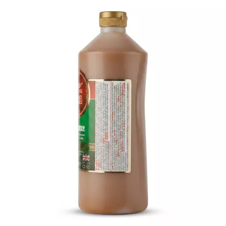 Enhanced Side view of Heera Chilli Sauce 1 litre with ingredients and info label