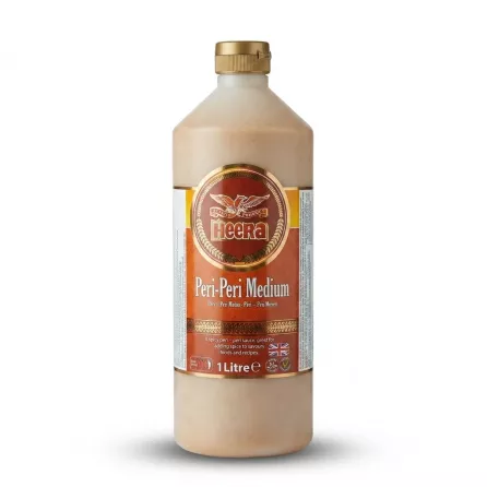 Enhanced Heera Peri-Peri Medium Sauce 1L front label showing halal sign