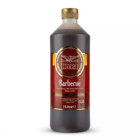 Enhanced Front view of Heera Barbecue Sauce 1 Litre bottle held in hand