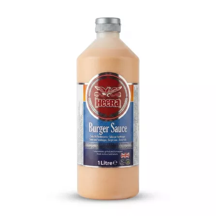 Enhanced Front of Heera Burger Sauce 1 litre bottle on store shelf