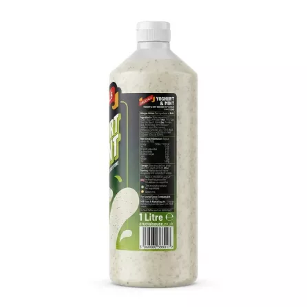 A 1-liter bottle of Crucials Yoghurt & Mint Dressing, featuring the back label with ingredients, nutritional information, storage instructions, and a barcode, presented on a plain white background with professional lighting.