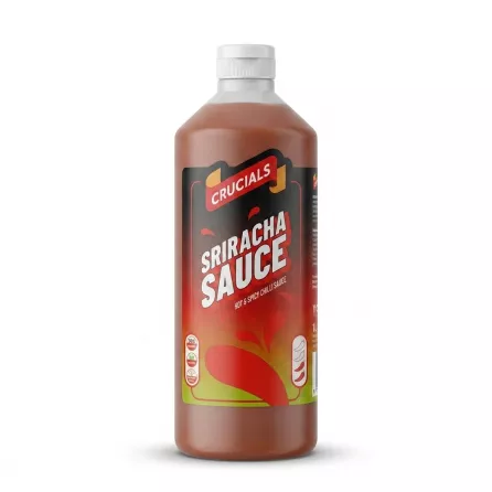 Enhanced Front view of Crucials Sriracha Sauce 1 Litre bottle on supermarket shelf