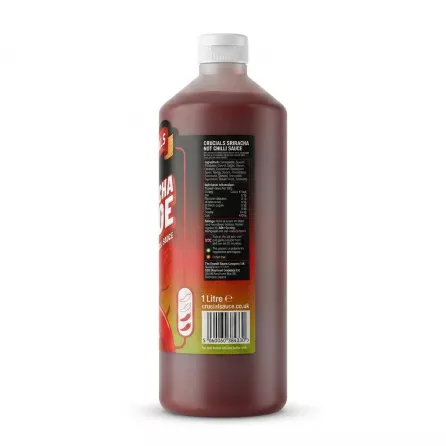Enhanced Side view of Crucials Sriracha Sauce bottle showing price label and barcode